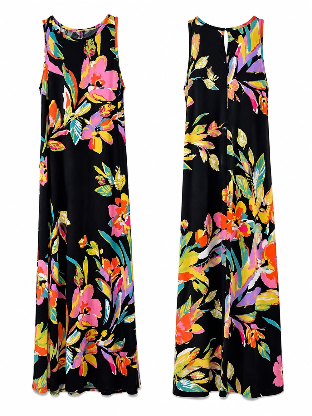 Vince Camuto Black Tropical Floral Sleeveless Maxi Dress Size Large Made in USA - Picture 6 of 16